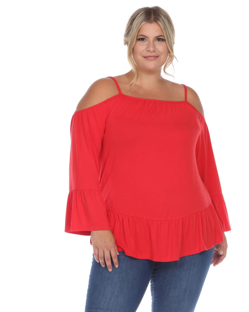 Front of a model wearing a size 1X Cold Shoulder Ruffle Sleeve Top in Red by White Mark. | dia_product_style_image_id:257189